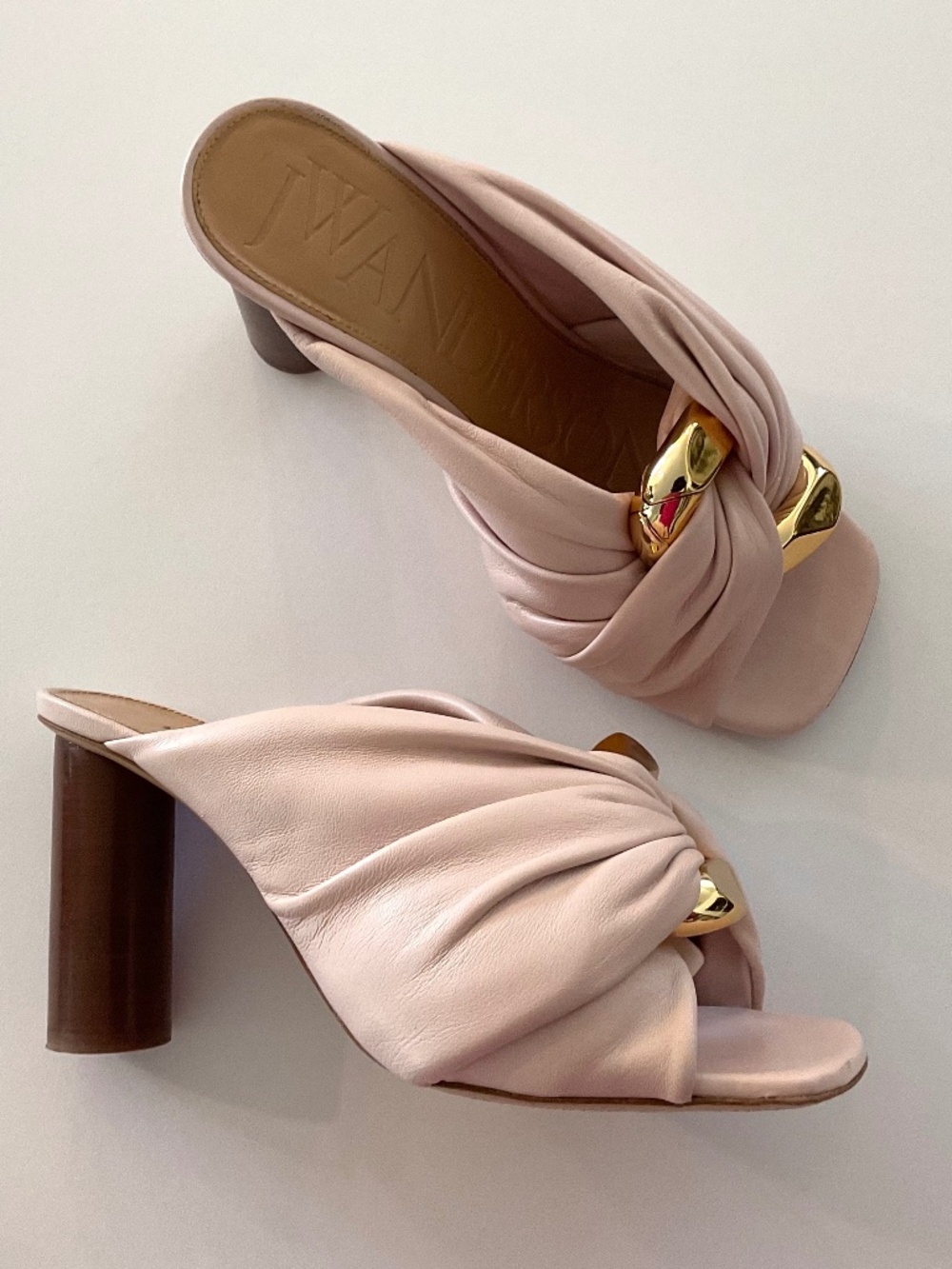 JW Anderson Twisted Leather High Heel Mules Light Pink/ Gold Size EU 37 U S 7